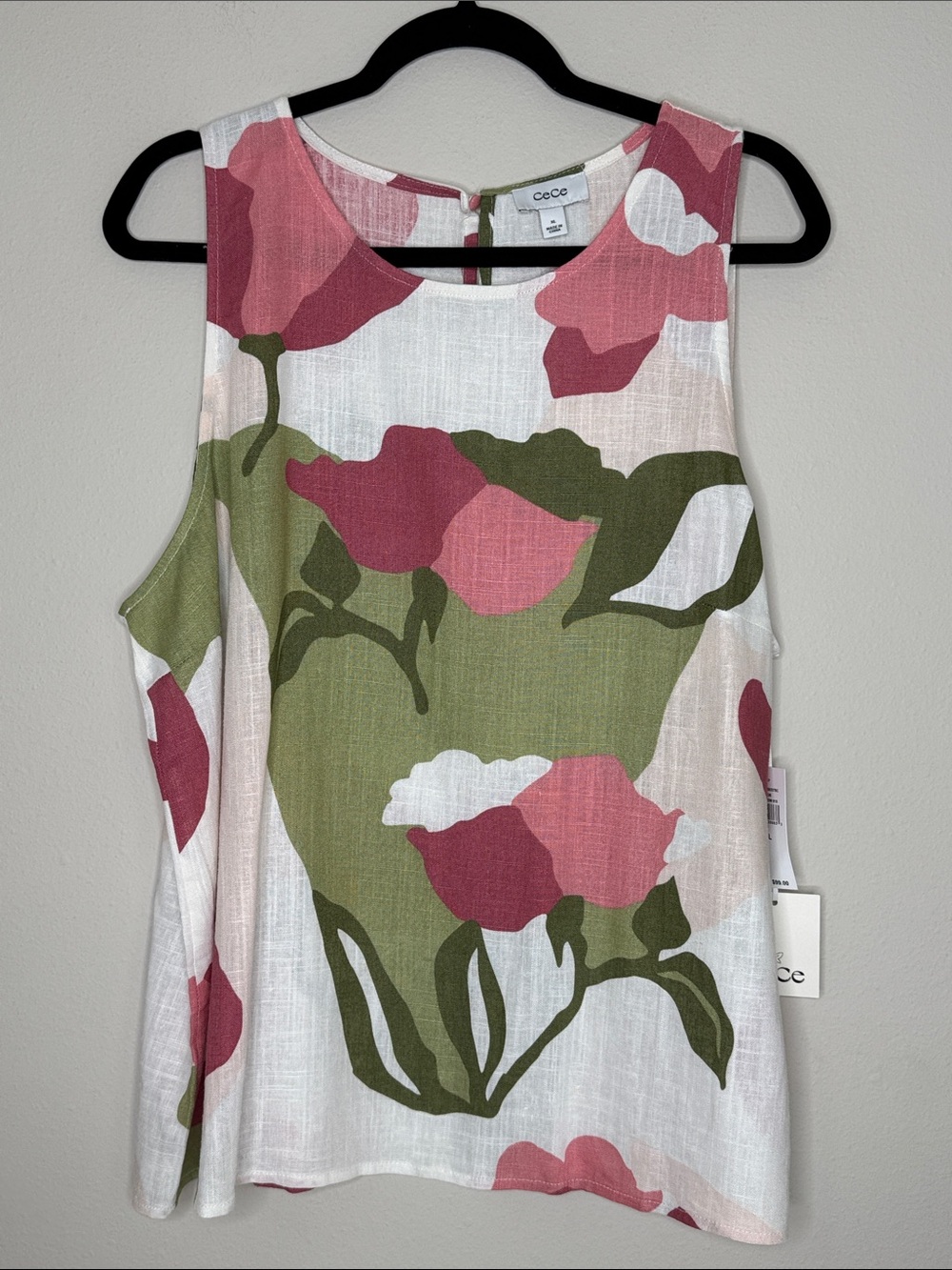 CeCe Floral Sleeveless Tank in Pink & Olive Green Rayon/Linen XL